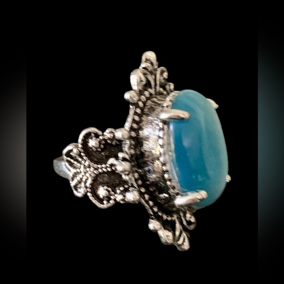 Ocean Blue Cat’s Eye Silver Plated Statement Fashion Ring Size 7 - Picture 7 of 15